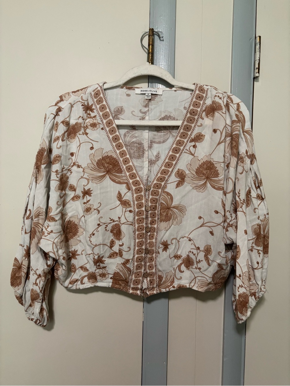 Rose & Olive Cream and Brown Floral V-Neck Boho Peasant Blouse
